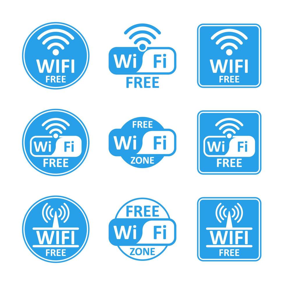 Wi-Fi Freizone blaue Farbe Wireless Set Bundle Aufkleber Design Icon Connection Collection vektor