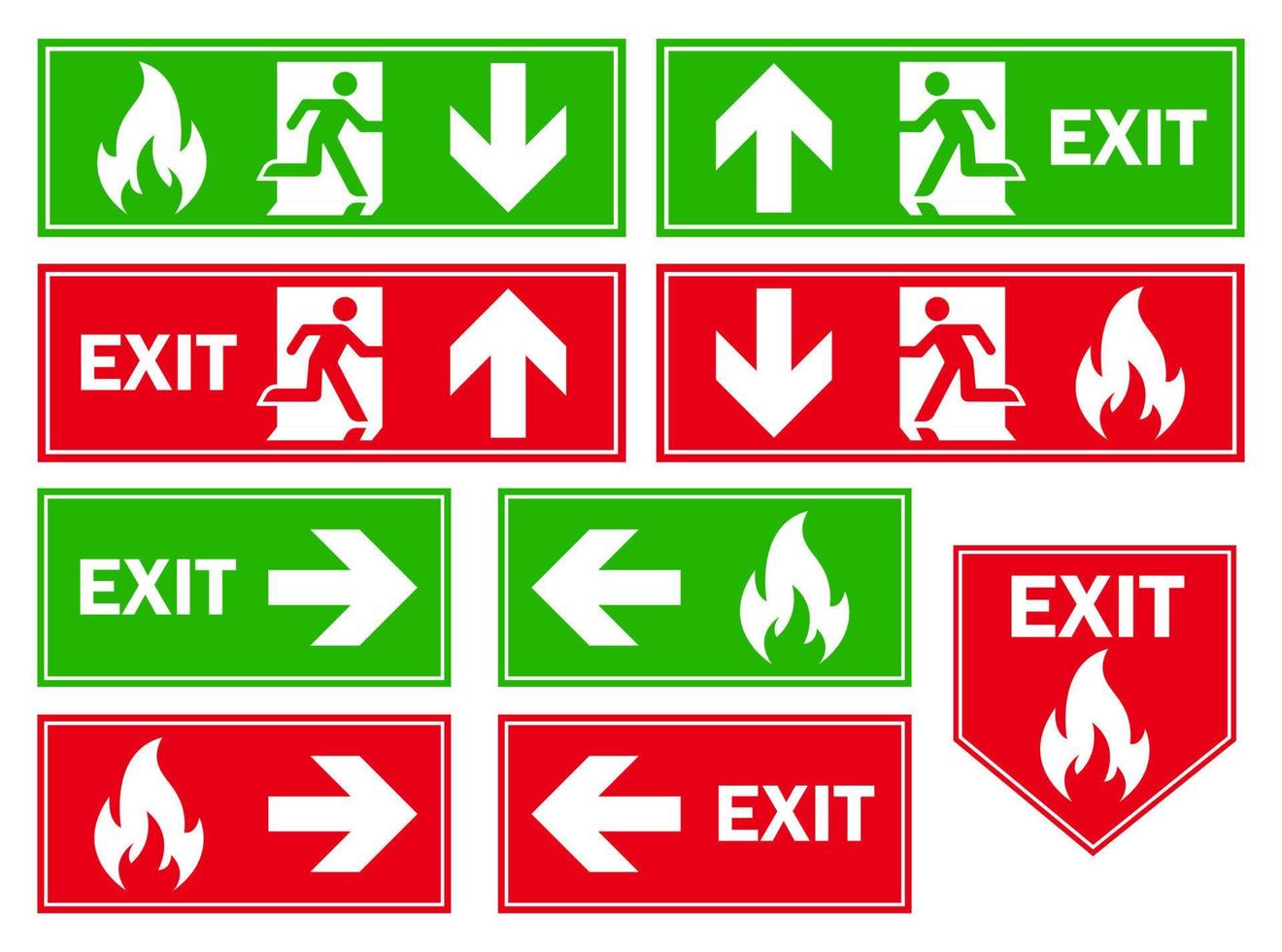 nödsituation utgång tecken fly punkt evakuering uppsättning bunt man löpning på de dörr exits fara samling vektor