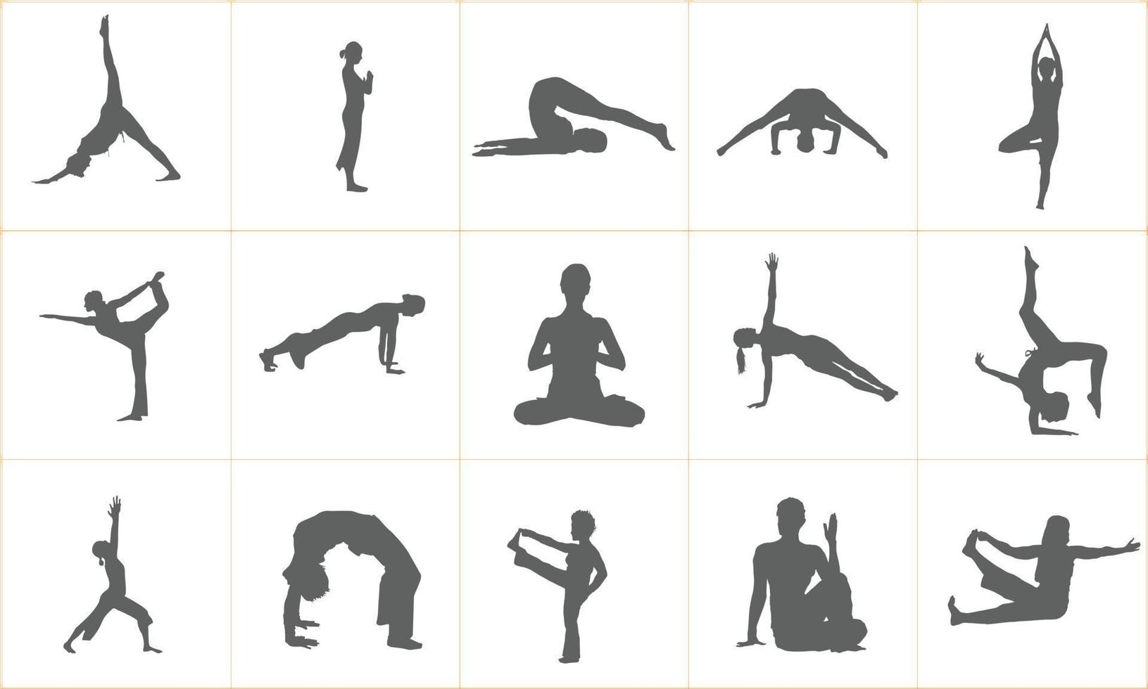 Reihe von Vektorsymbolen von Frauen, die Yoga-Übungen machen. Silhouetten flexibler Mädchen, die ihren Körper in verschiedenen Yoga-Posen strecken. schwarze Formen der Frau isoliert auf weißem Hintergrund. vektor