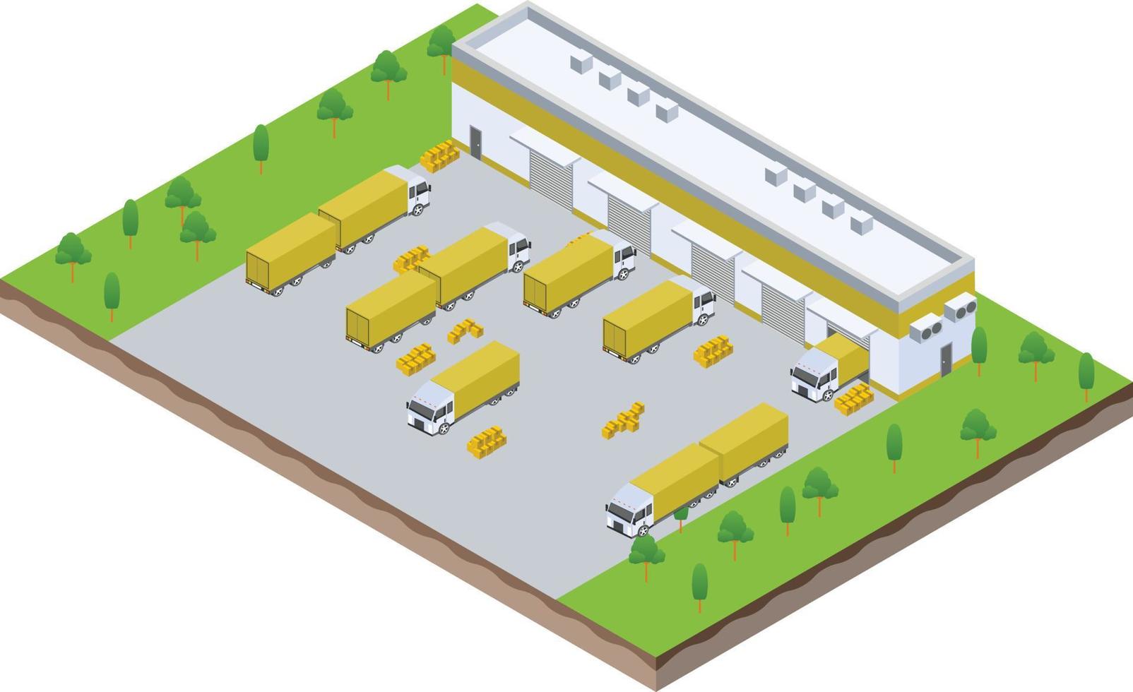 isometrisk scen av trailer lastbil på lager logistisk hall avlastning bearbeta i företag företag vektor