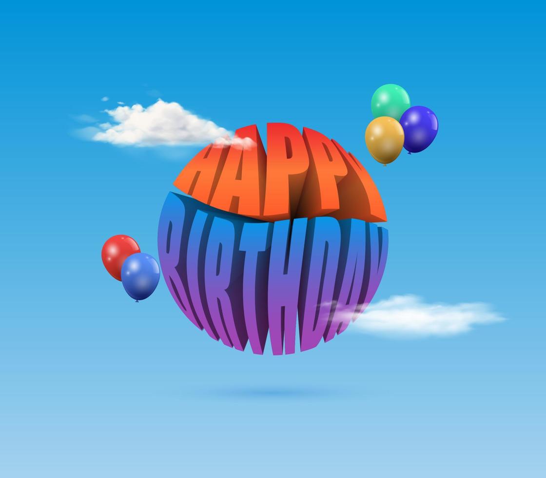 alles Gute zum Geburtstag 3D-Text-Design-Vektor mit runder Form. Ballon- und Wolkendekoration. schwimmende Abbildung vektor