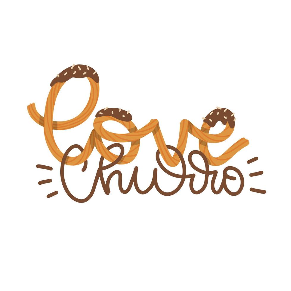kärlek churro - hand teckning text Citat tillverkad av churros pinnar isolerat på en vit bakgrund. den kan vara Begagnade för meny, tecken, baner, affisch, marknadsföring material. vektor platt illustration.