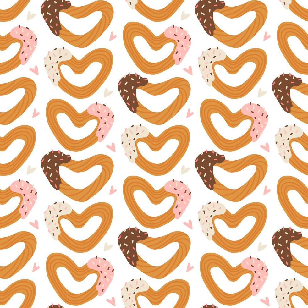 romantischer nahtloser musterhintergrund mit niedlichen herzförmigen churros. Liebes-Churro-Dessert-Konzept. valentinstag dekor. vektor flache hand gezeichnete illustration.