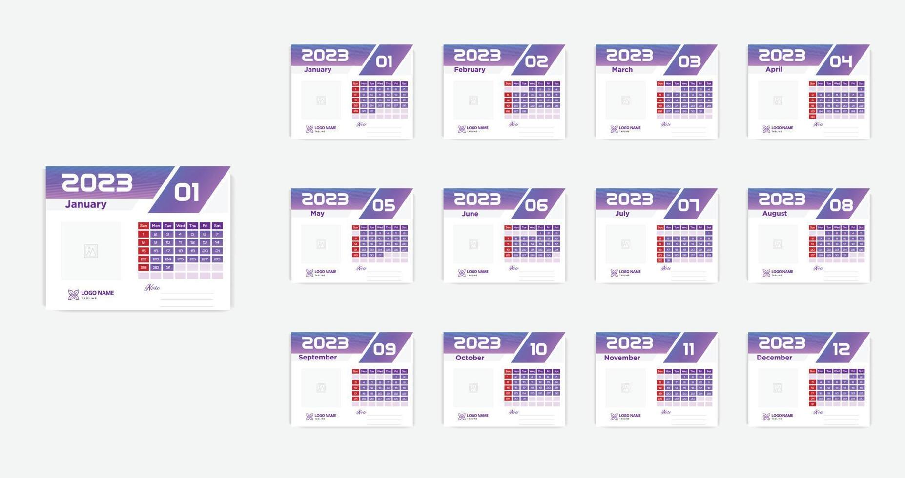 satz von 2023 kalenderplanervorlage mit platz für foto und firmenlogo vektor