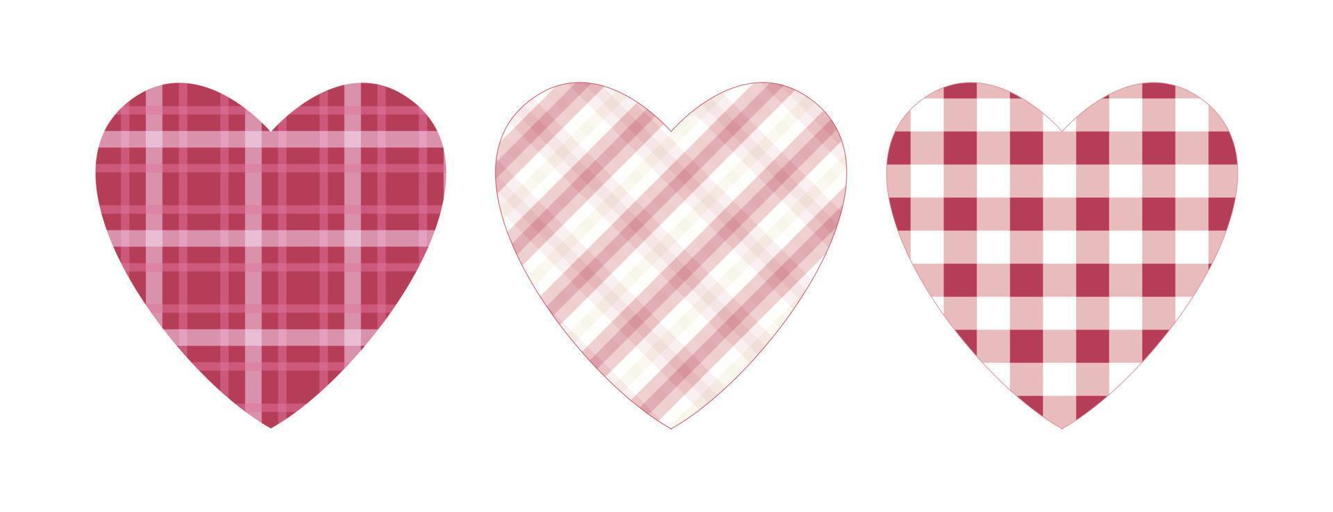 klämma konst hjärtan uppsättning i pläd texturer i annorlunda magenta och rosa nyanser. isolerat bakgrund. design för valentine dag, bröllop, mor dag firande, hälsning kort, inbjudningar, textil. vektor