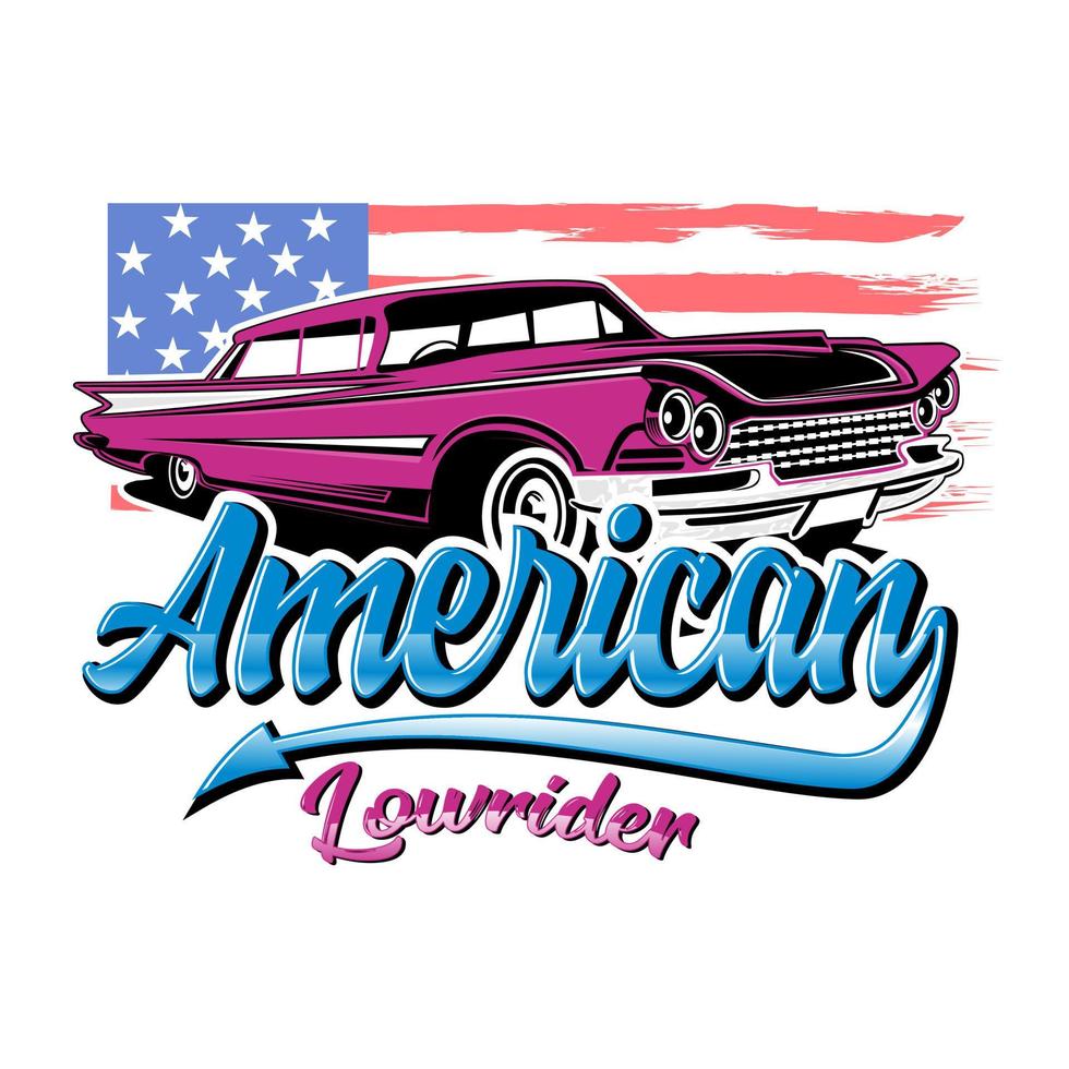Amerikanisches Lowrider-Inspirationsdesign. vektorillustration mit dem bild eines alten klassischen autos, designlogos, plakate, banner, beschilderung, t-shirt-design. vektor