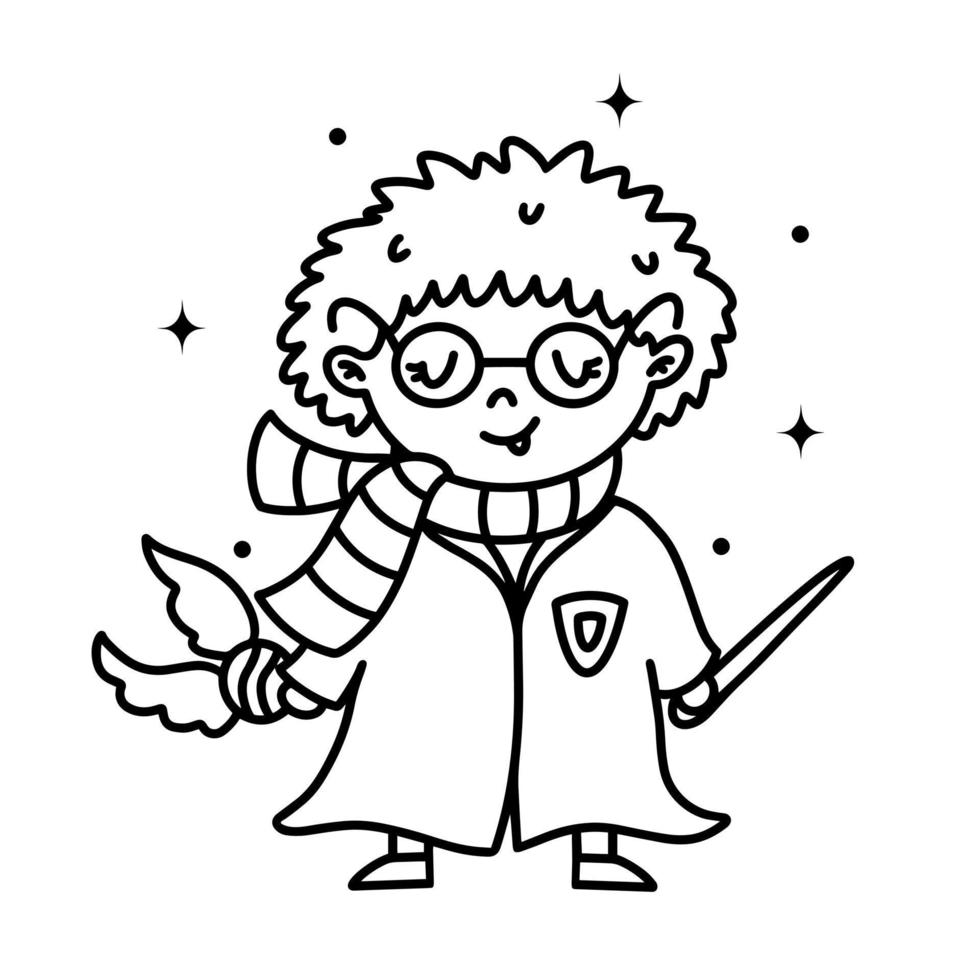 Assistenten-Vektor-Symbol. Malbuch für Kinder. ein Junge in einem Schal, Robe, mit einem Zauberstab in der Hand. ein Kind mit Brille und einer Blitznarbe. einfache Gliederung. Cartoon-Clipart isoliert auf weiß vektor