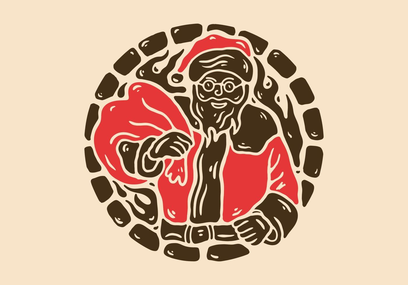 Illustrationszeichnung des Weihnachtsmanns, der einen Sack voller Geschenke trägt vektor