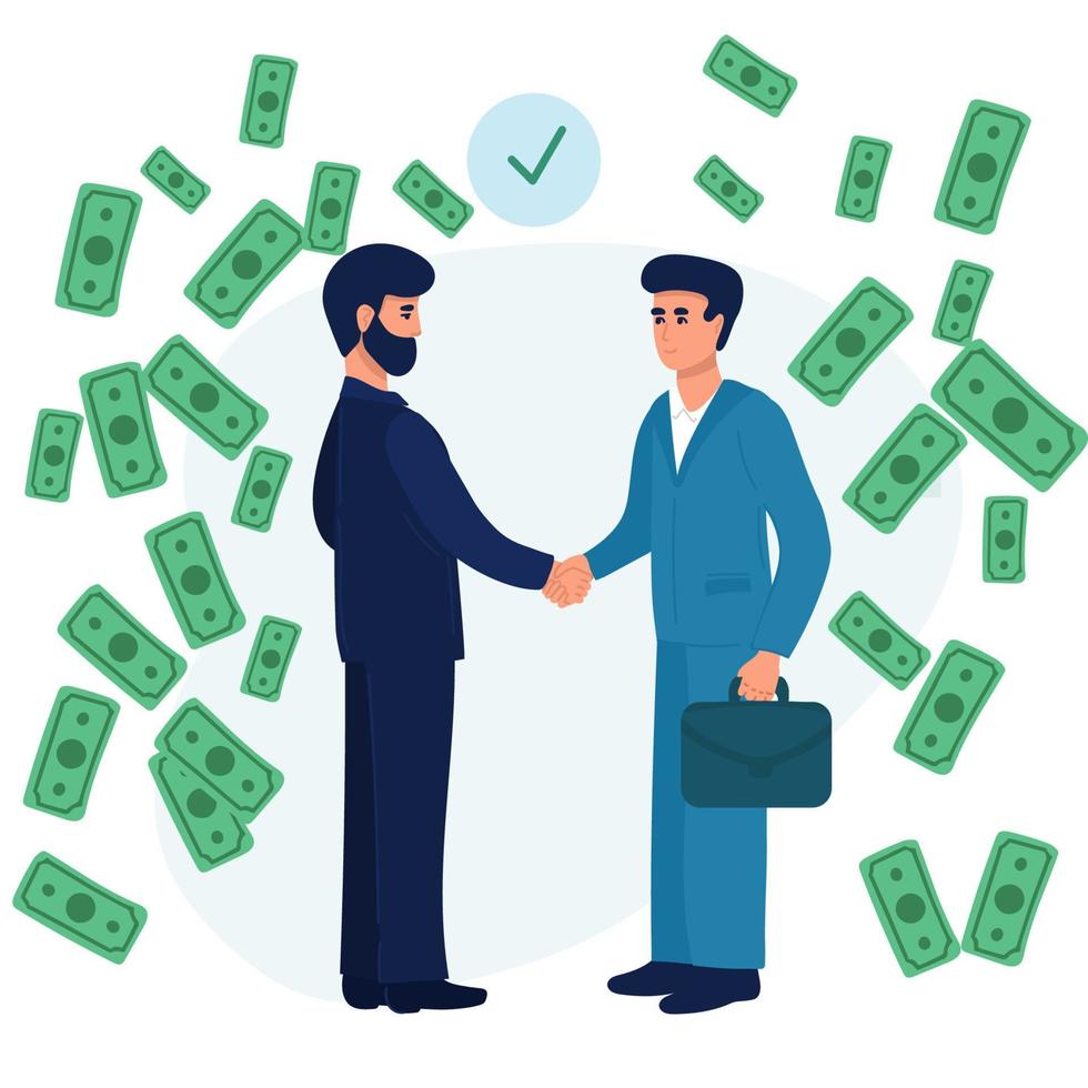 företag partnerskap. illustration av företag människor i kostymer skakning händer.a man höjer hans hand och pengar falls på dem, vektor