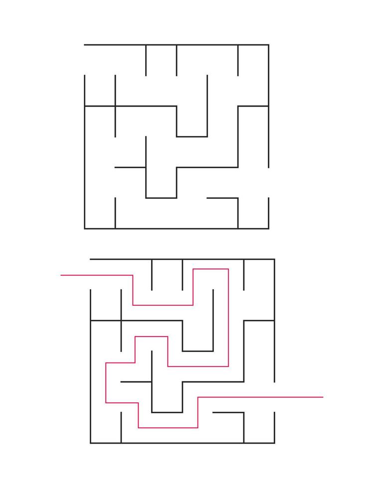 Das quadratische Labyrinth hat einen Eingang und einen Ausgang. Labyrinth mit der Antwort, der Durchgangsweg vektor