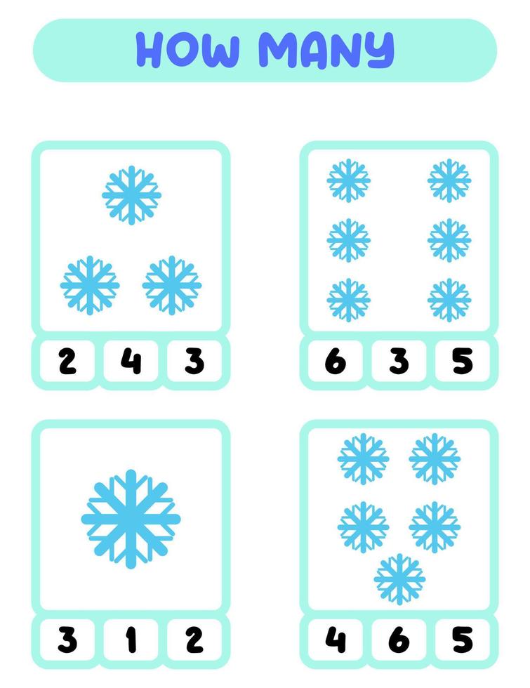 räkna på vilket sätt många snöflingor. skriva ner de svar. pedagogisk spel för barn vektor