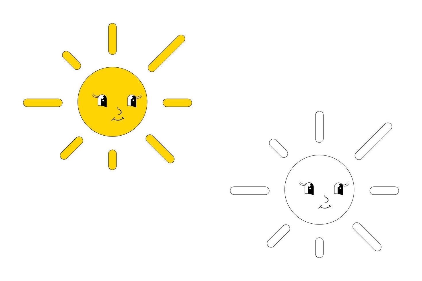 setze die Sonne mit einem fröhlichen Gesicht unter. Kinderillustration. Gelb und Kontursonne vektor