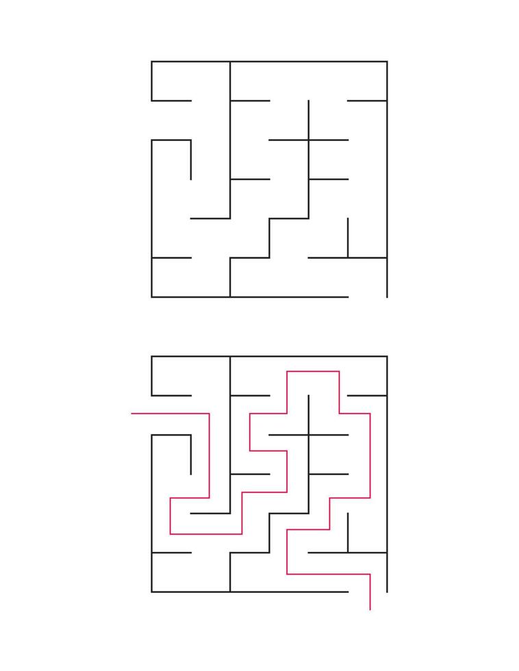 Das quadratische Labyrinth hat einen Eingang und einen Ausgang. Labyrinth mit der Antwort, der Durchgangsweg vektor