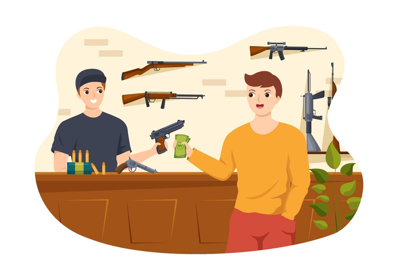 pistol affär eller jakt med gevär, kula, vapen och jaga Utrustning i platt stil tecknad serie hand dragen mallar illustration vektor