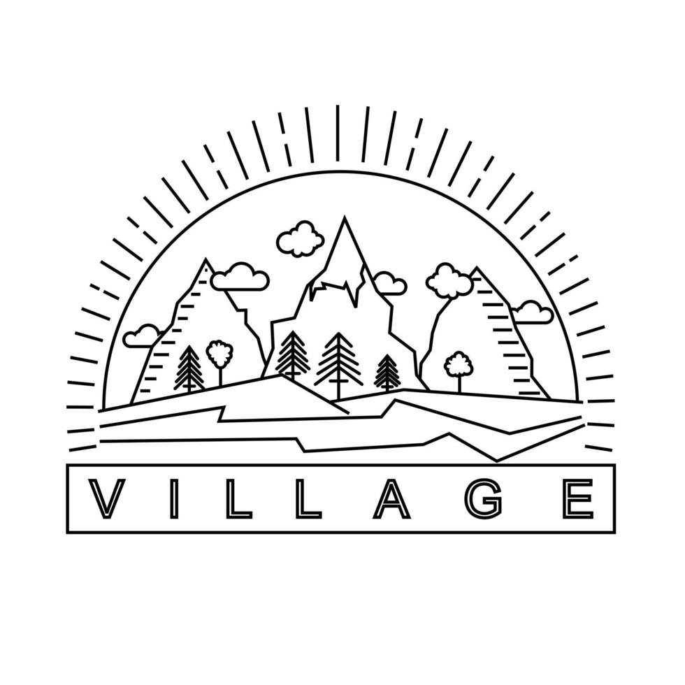 Erstaunliche Strichzeichnungen für einige Berge und das Dorf mit Blick auf das Bild, Grafik, Symbol, Logo, Design, abstraktes Konzept, Vektorbestand. kann als Symbol für Urlaub oder Abenteuer verwendet werden vektor