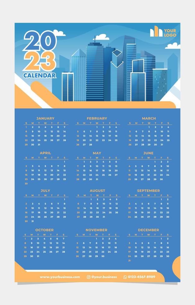 coole Wandkalendervorlage 2023 für Firmenkunden mit Wolkenkratzerhintergrund vektor