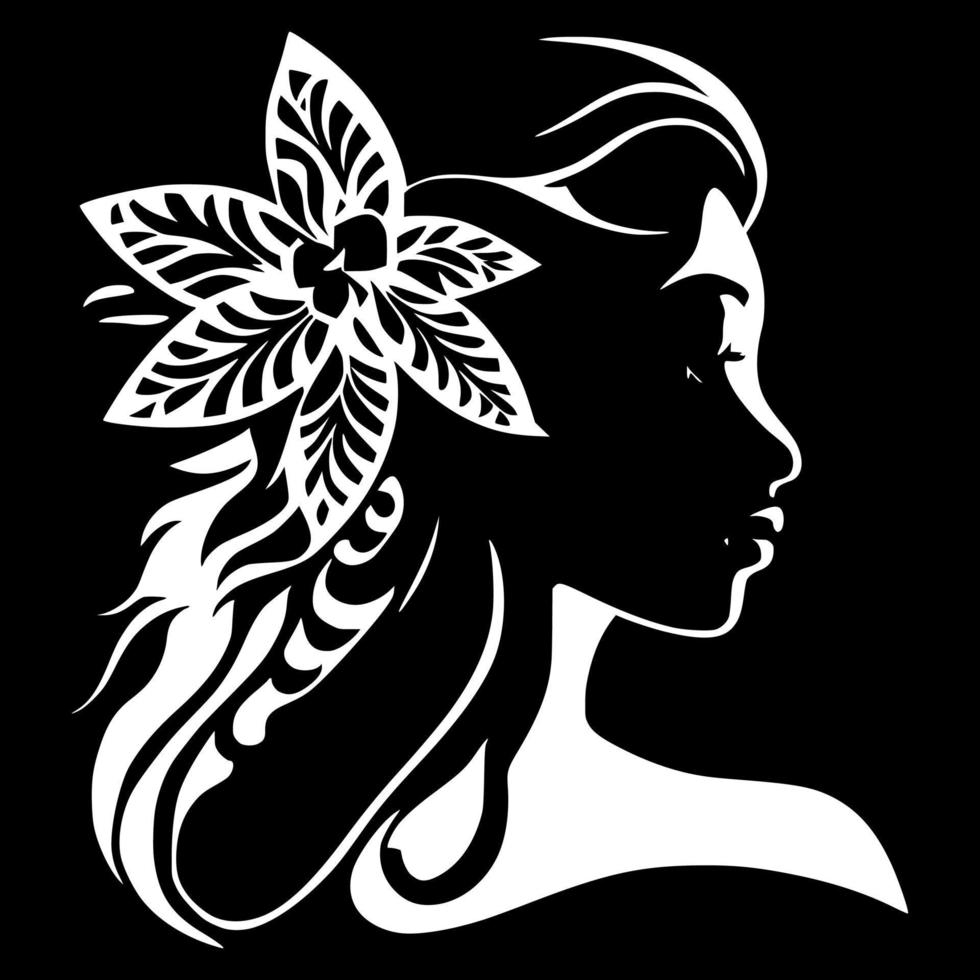 silhuett av en skön stam- flicka med blommor i henne hår. design för broderi, tatuering, t-shirt, maskot, logotyp. vektor