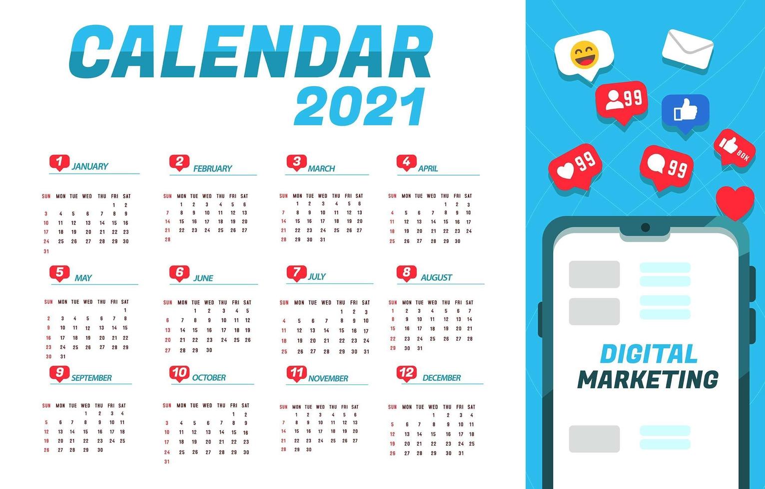 Benachrichtigungen für den digitalen Marketingkalender 2021 vektor