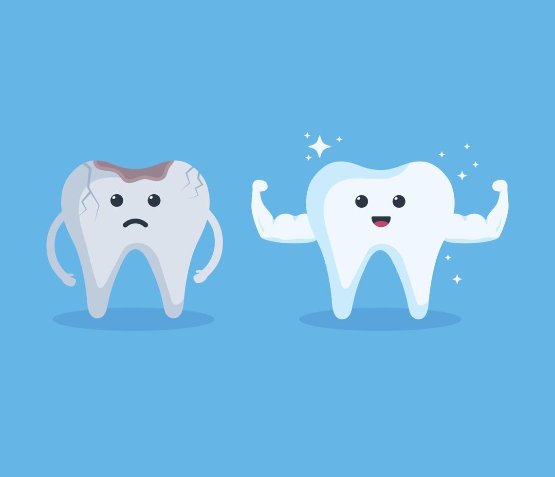 starker gesunder zahn und trauriger schmerzhaft beschädigter dunkler zahn mit loch. Zahnschmerzen Zeichentrickfigur Konzept Vektor Illustration.