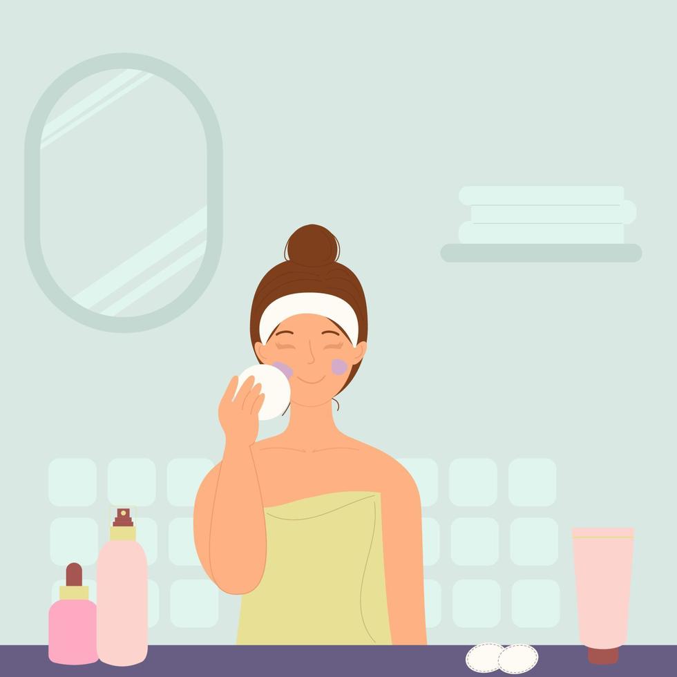 en kvinna är tvättning henne ansikte med kosmetika i de badrum. vektor