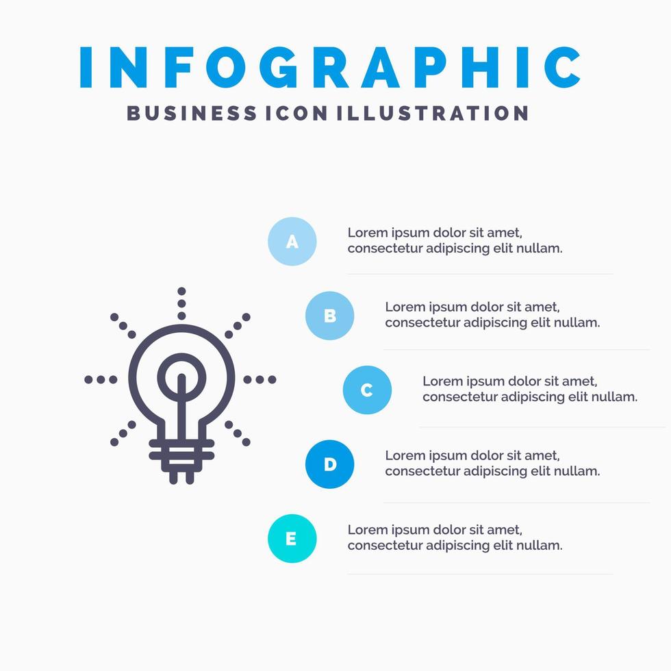 Glühbirne glühen Ideeneinblick inspirierendes Liniensymbol mit 5 Schritten Präsentation Infografiken Hintergrund vektor