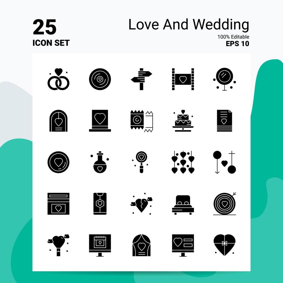 25 Symbolsatz für Liebe und Hochzeit 100 bearbeitbare eps 10-Dateien Geschäftslogo-Konzeptideen solides Glyphen-Icon-Design vektor