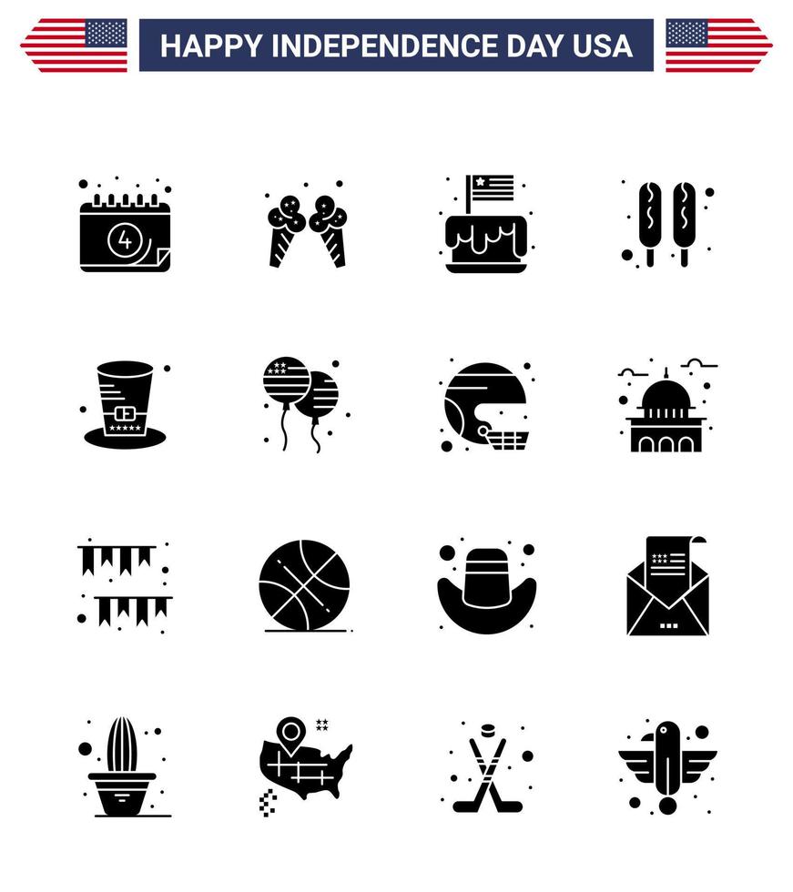 16 kreative usa-ikonen moderne unabhängigkeitszeichen und 4. juli symbole des hat food festivals hot dog usa editierbare usa-tag-vektordesignelemente vektor