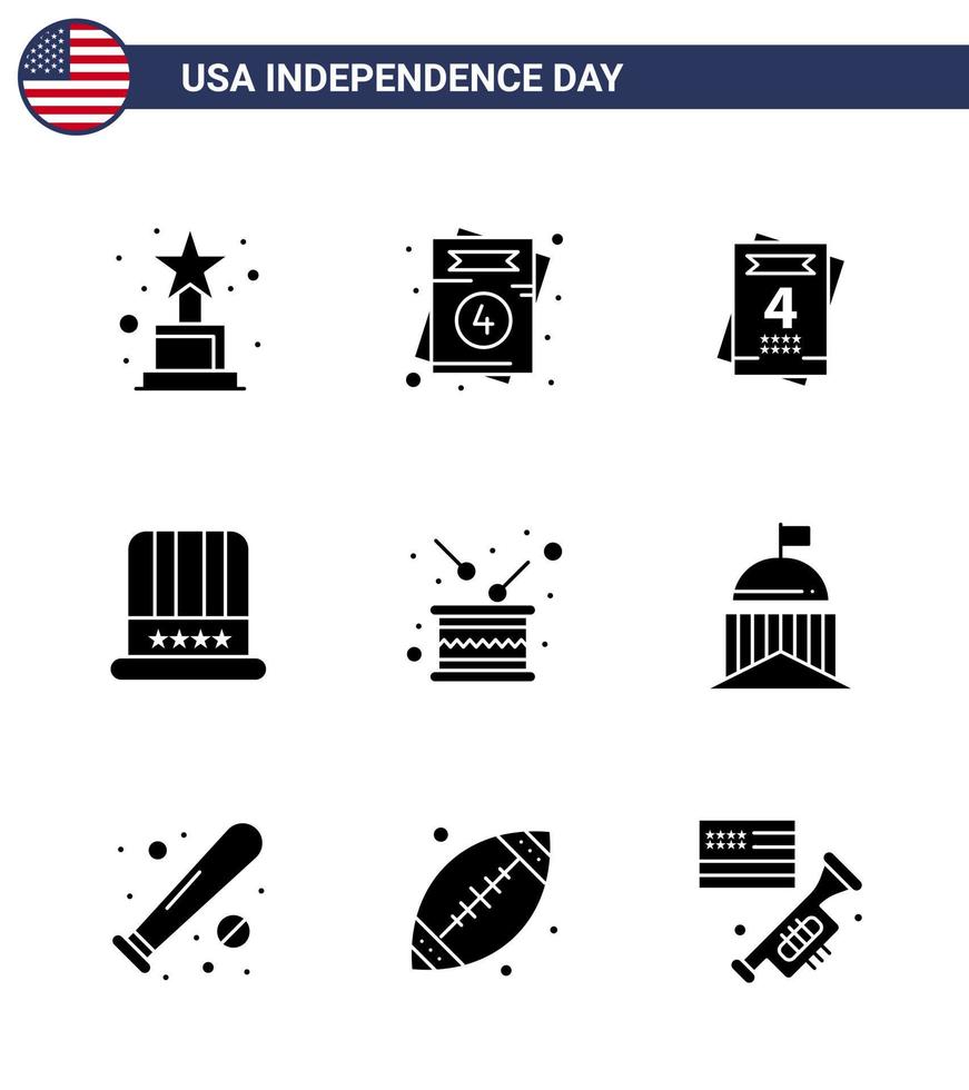 Lycklig oberoende dag USA packa av 9 kreativ fast glyfer av oberoende trumma kärlek dag amerikan redigerbar USA dag vektor design element