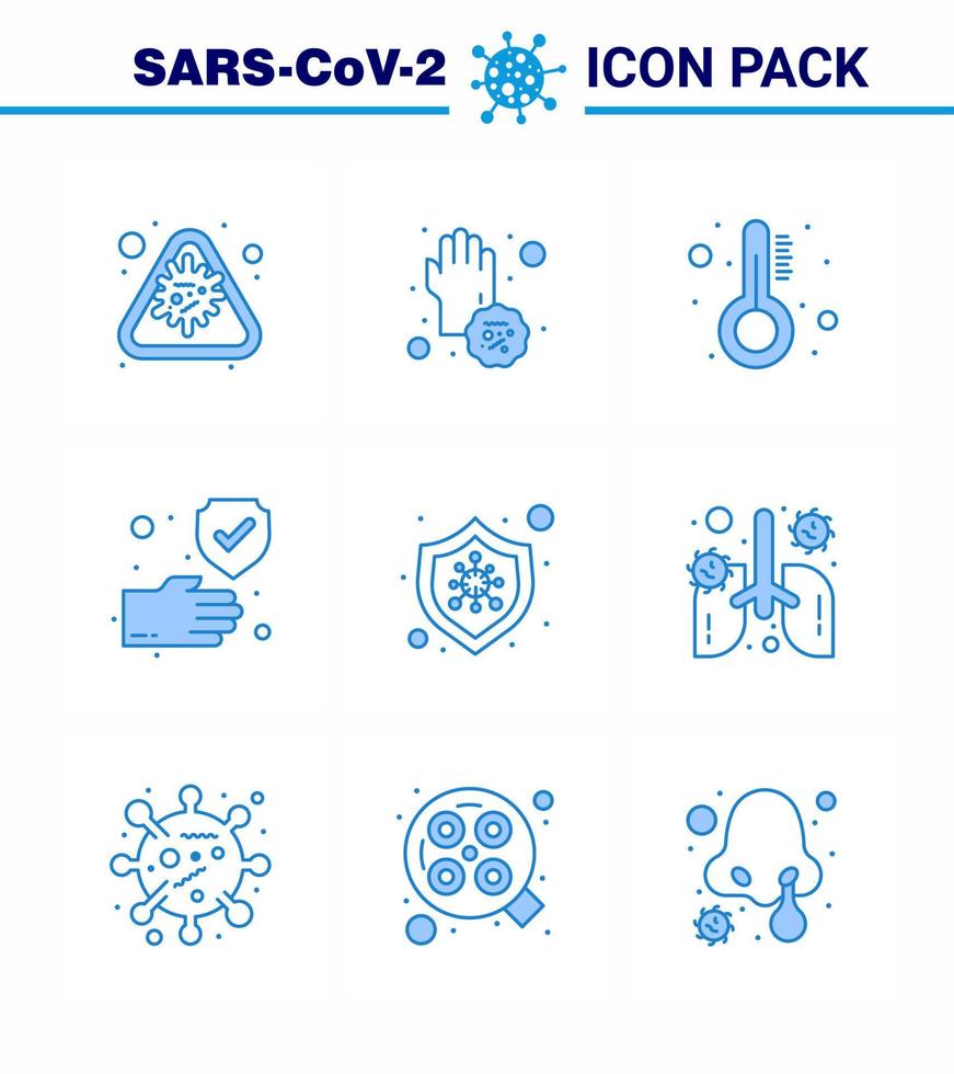9 blaue Virus-Corona-Icon-Packs wie sichere Handkrankheit saubere Temperatur virales Coronavirus 2019nov-Krankheitsvektor-Designelemente vektor