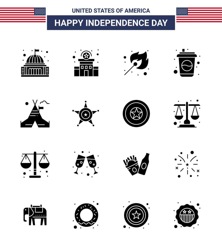 Happy Independence Day 16 Solid Glyphen Icon Pack für Web und Print Zelt Freigetränk Polizeizeichen Cola Outdoor editierbare Usa Day Vektor Design Elemente