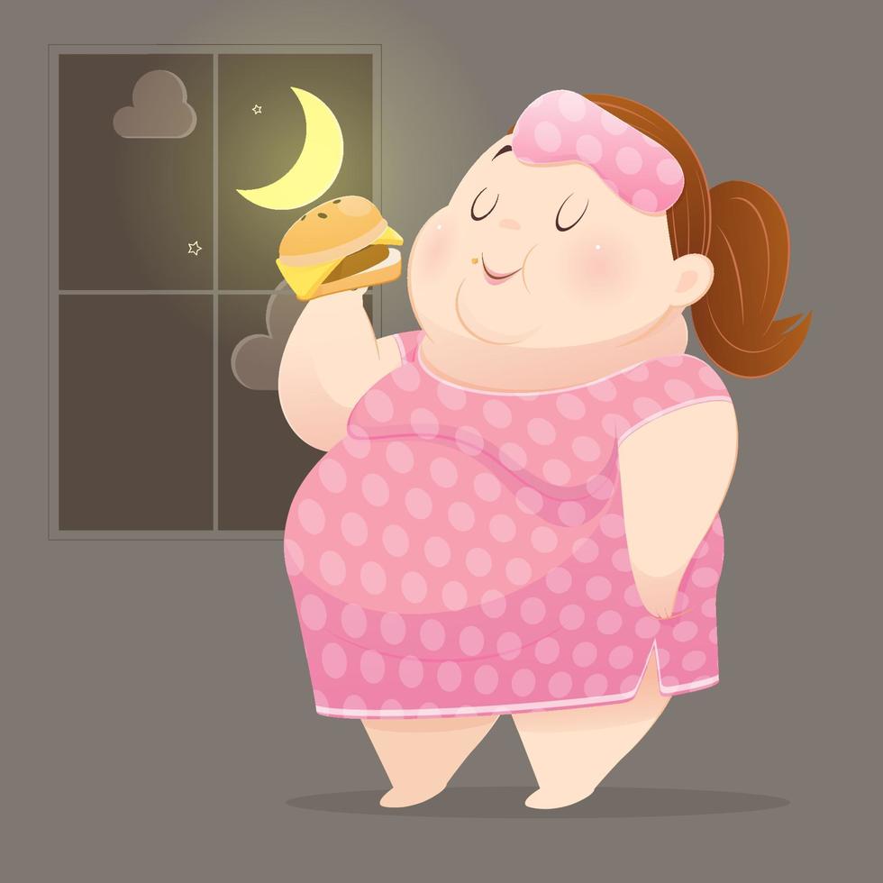 fett kvinna hungrig på natt vektor