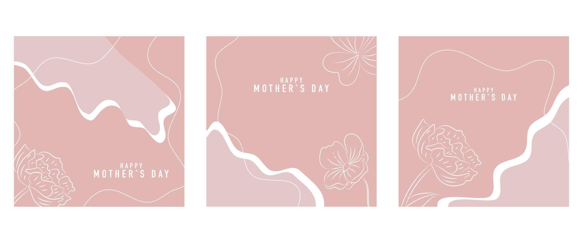 Lycklig mors dag vektor hälsning kort uppsättning med skön blommor och hjärtan. linje teckning av blommor. ett linje minimalistisk stil illustration för baner