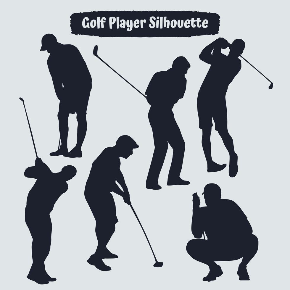 Sammlung von männlichen Silhouetten von Golfspielern in verschiedenen Posen vektor