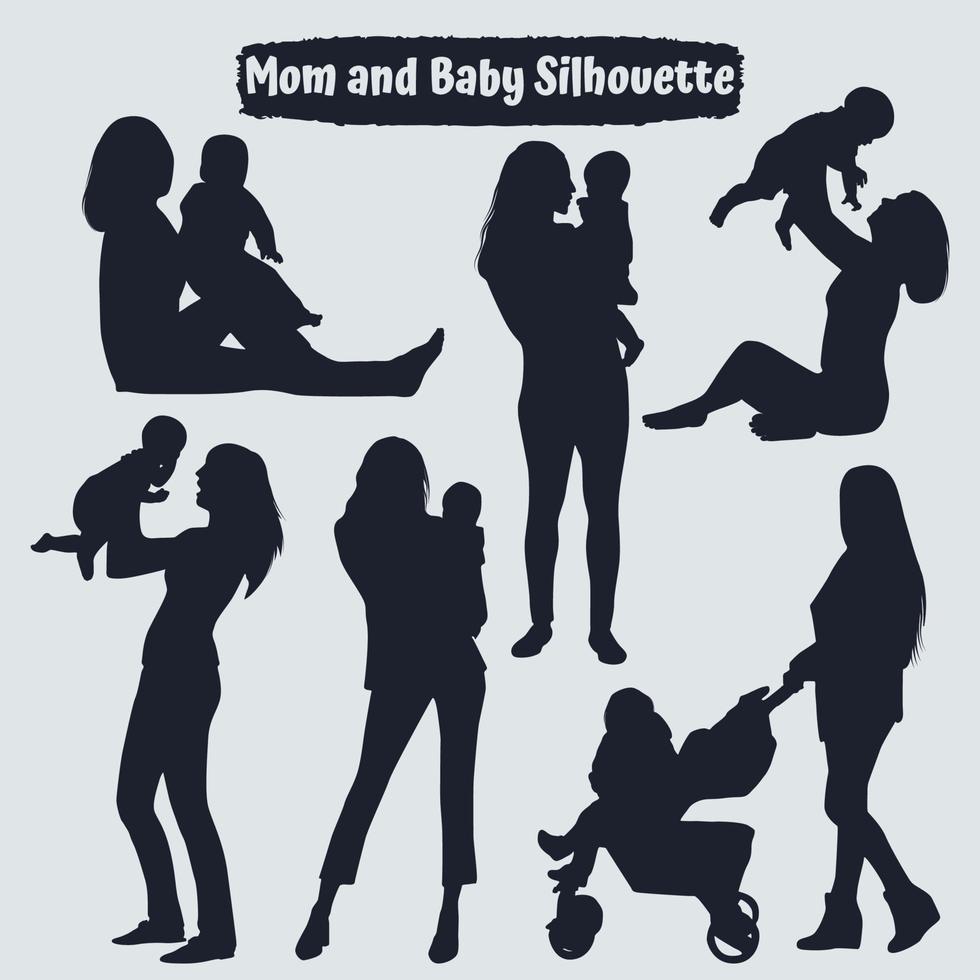 samling av mamma och baby silhuetter i olika poser vektor