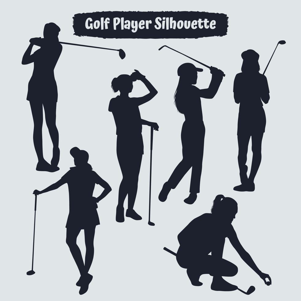 Sammlung von weiblichen Silhouetten von Golfspielern in verschiedenen Posen vektor