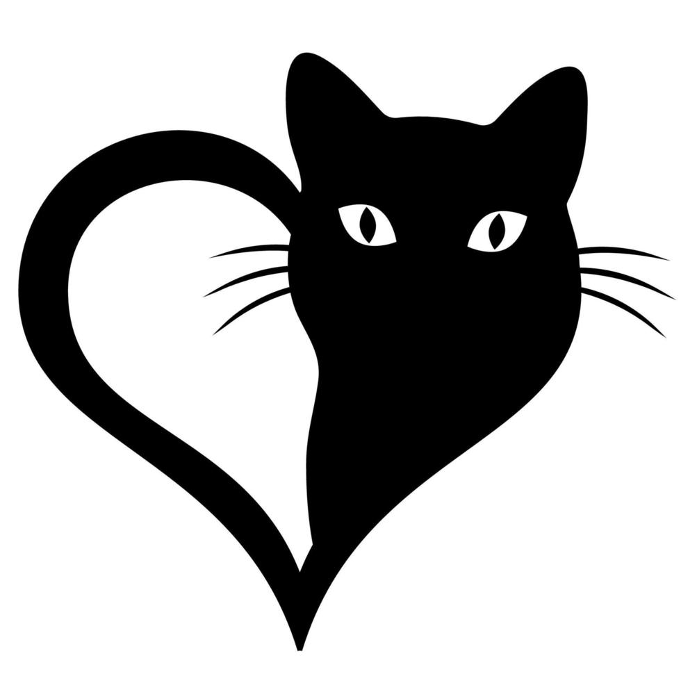 svart katt logotyp illustration i hjärta vektor