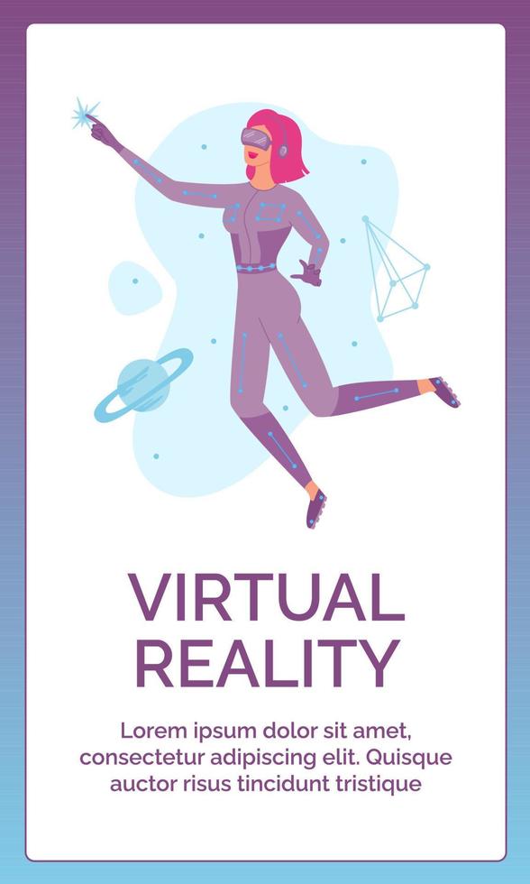 digitales technologiekonzept von metaverse. Frau in VR-Headset-Brille und VR-Anzug. Augmented-Reality-Weltsimulation. vorlage für poster, cover, flyer, einladung, werbung, ui mobile, promo, geschichten vektor