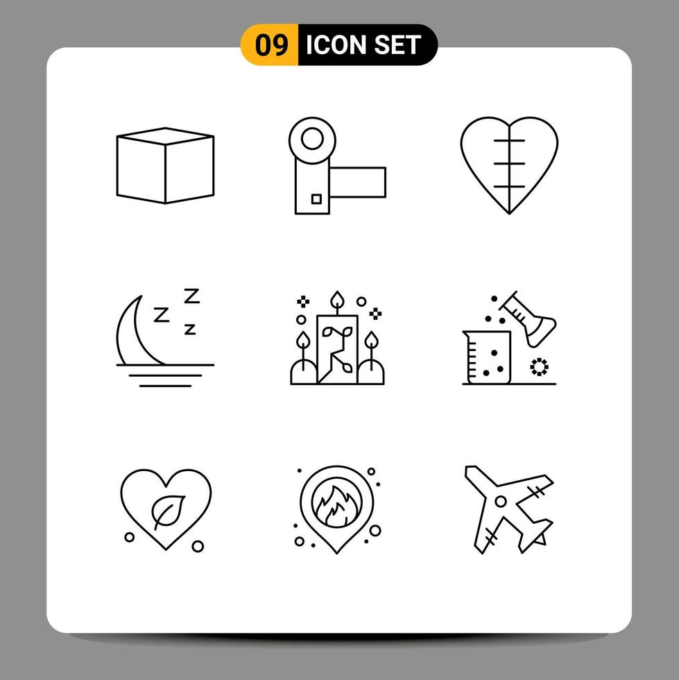 modern uppsättning av 9 konturer pictograph av belysning natt hjärta natur dimmig redigerbar vektor design element
