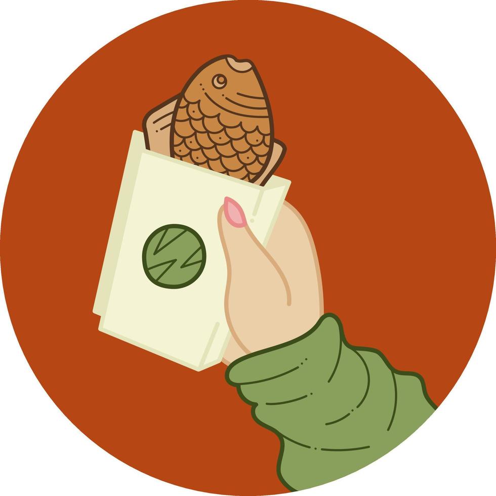 kritzeln taiyaki in hand2. süße asiatische Kekse in Fischform mit Füllung. Cartoon-Farbvektor-Illustration. vektor