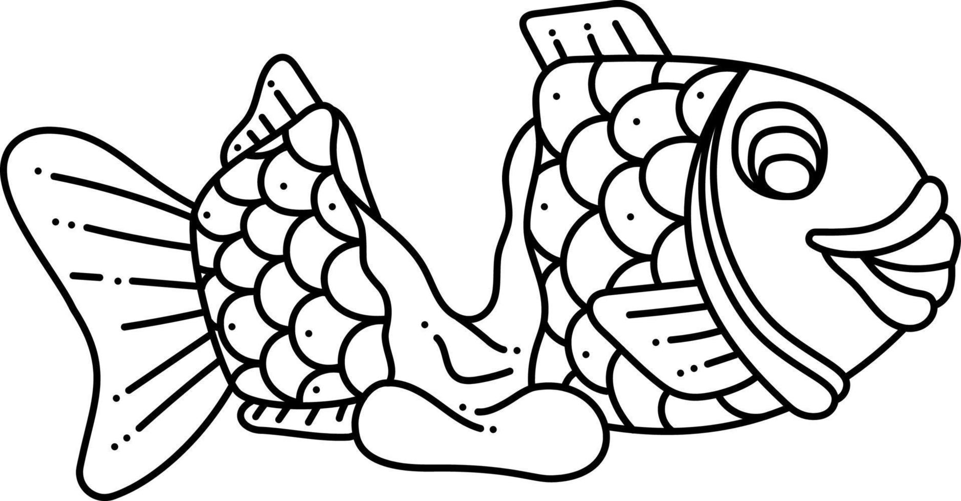 taiyaki enda doodle2. söt asiatisk ljuv fylld fisk. tecknad serie vit och svart vektor illustration.
