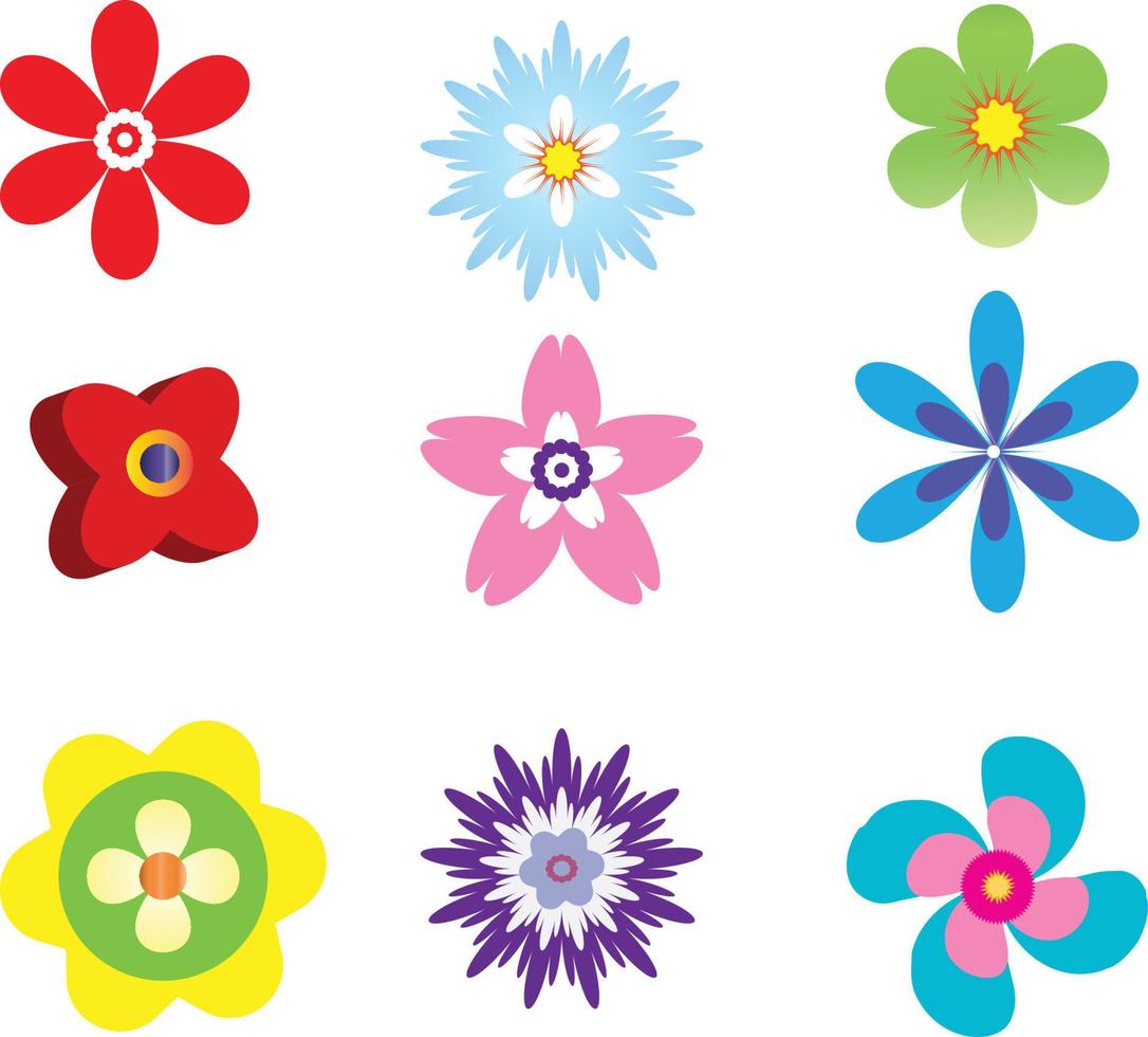 Satz flacher Frühlingsblumen-Symbol in Silhouette isoliert auf weißem Hintergrund. niedliche retro-illustrationen in leuchtenden farben für aufkleber, etiketten, anhänger, scrapbooking vektor