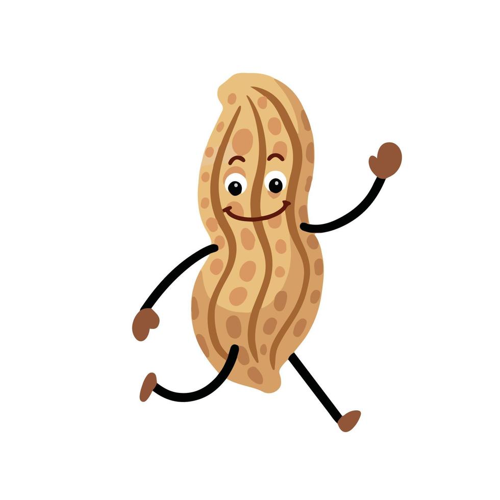 Erdnuss-Vektorfigur mit lächelndem Gesicht und laufendem Körperausdruck-Maskottchen. Lebensmittelillustration mit einfachem flachem Stil der lustigen Karikatur lokalisiert auf einfachem Hintergrund. vektor