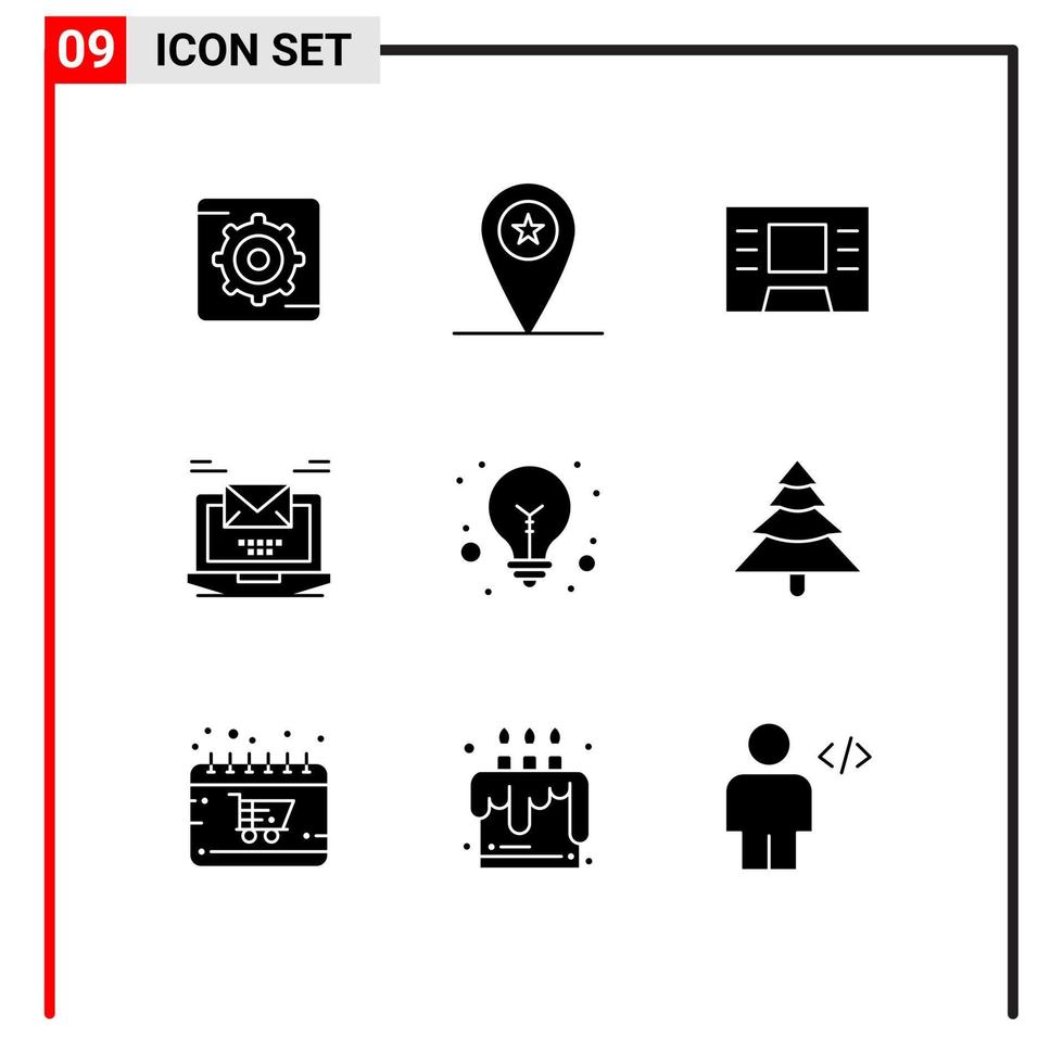 9 universelle solide Glyphen für Web- und mobile Anwendungen Wald Glühbirne Finanzidee E-Mail editierbare Vektordesign-Elemente vektor