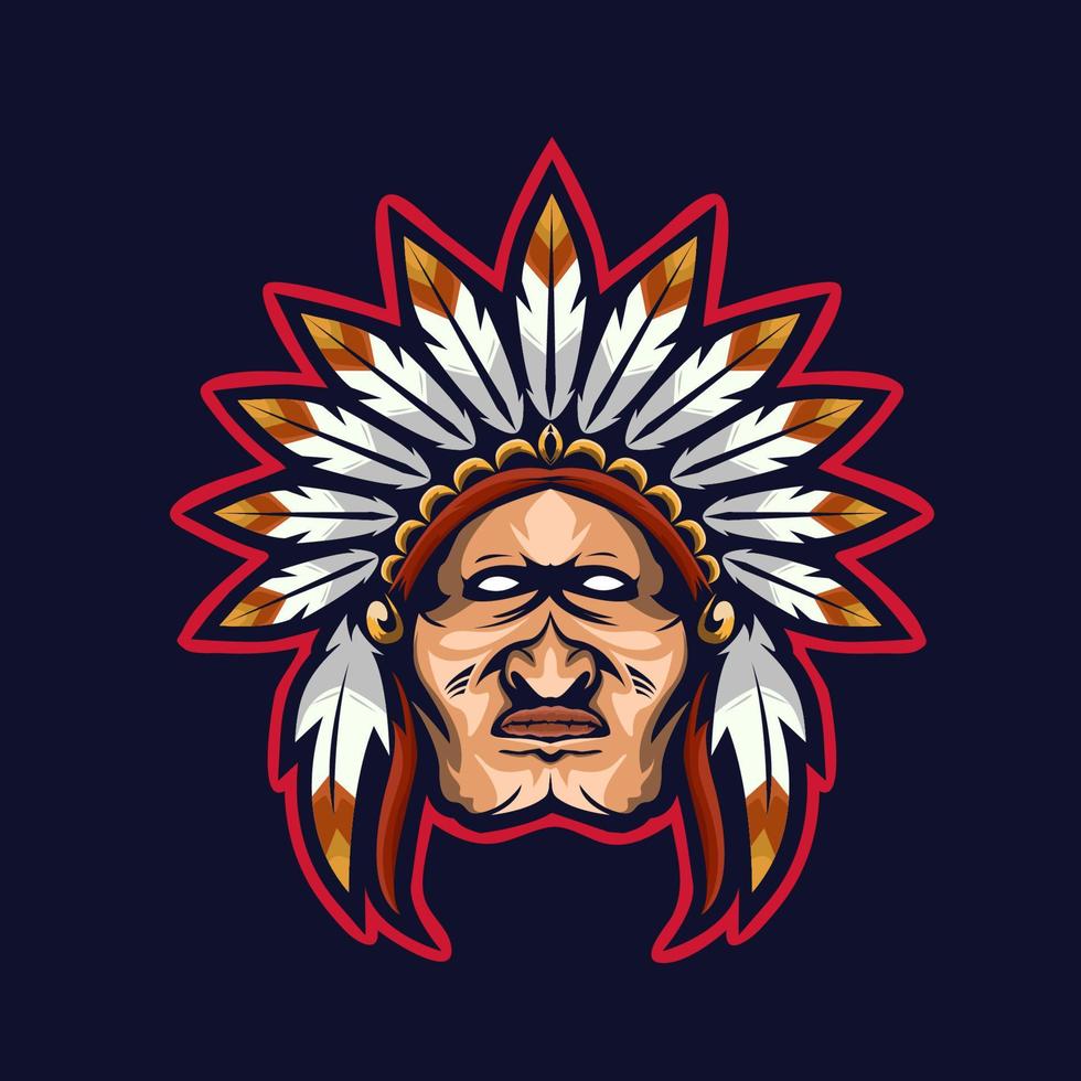 stammeshäuptling-maskottchen und sport-logo-design. apache warrior maskottchen kopf vektor illustration logo.