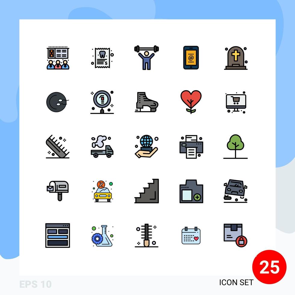 grupp av 25 fylld linje platt färger tecken och symboler för halloween död- Gym telefon post redigerbar vektor design element