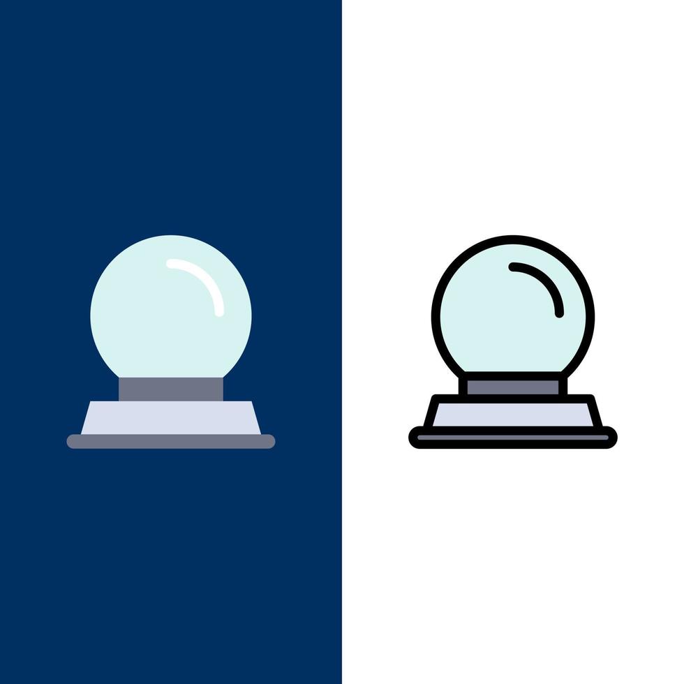 Glasständer Dekoration Magic Ball Symbole flach und Linie gefüllt Icon Set Vektor blauen Hintergrund