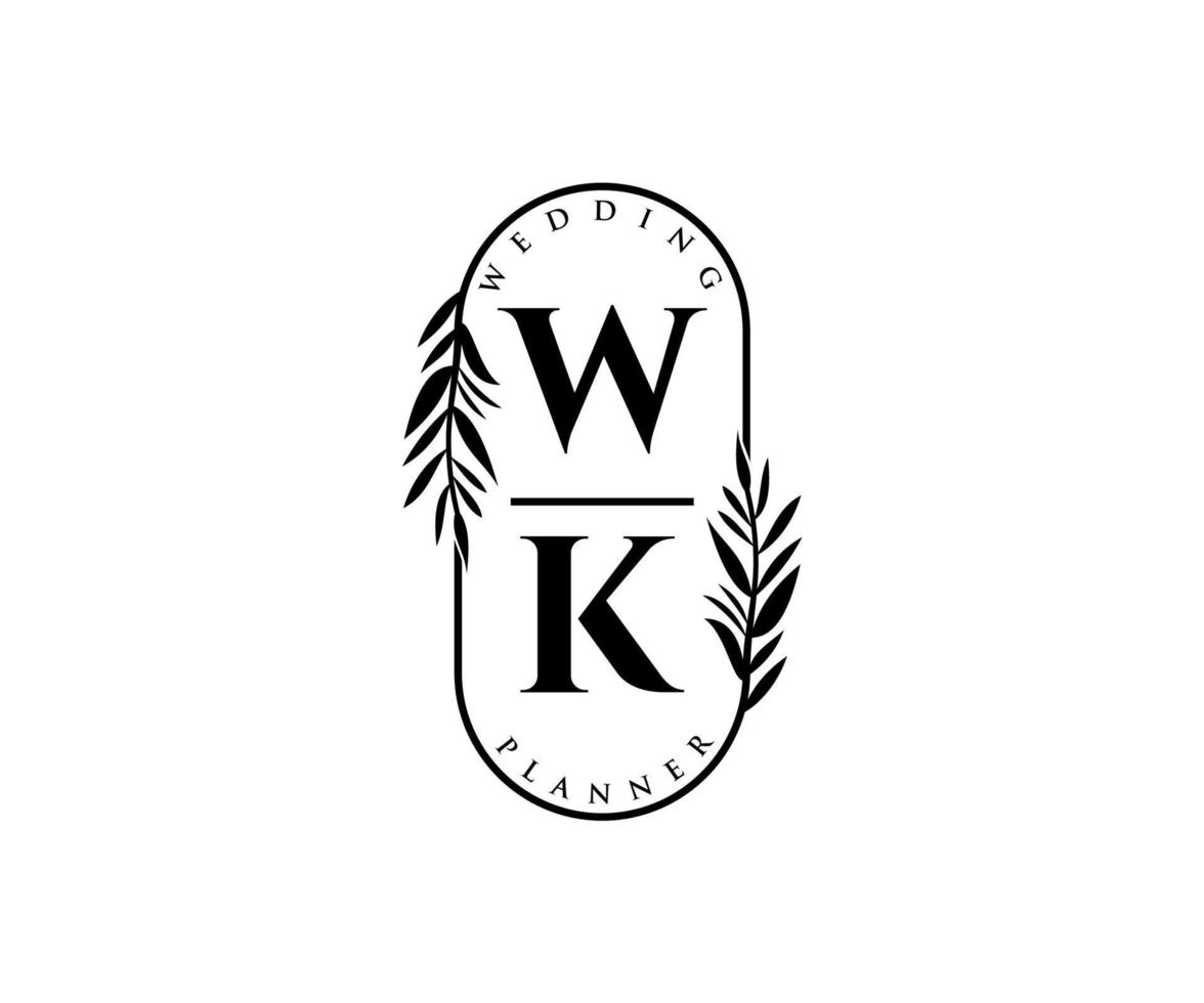 wk initialen brief hochzeitsmonogramm logos sammlung, handgezeichnete moderne minimalistische und florale vorlagen für einladungskarten, save the date, elegante identität für restaurant, boutique, café im vektor