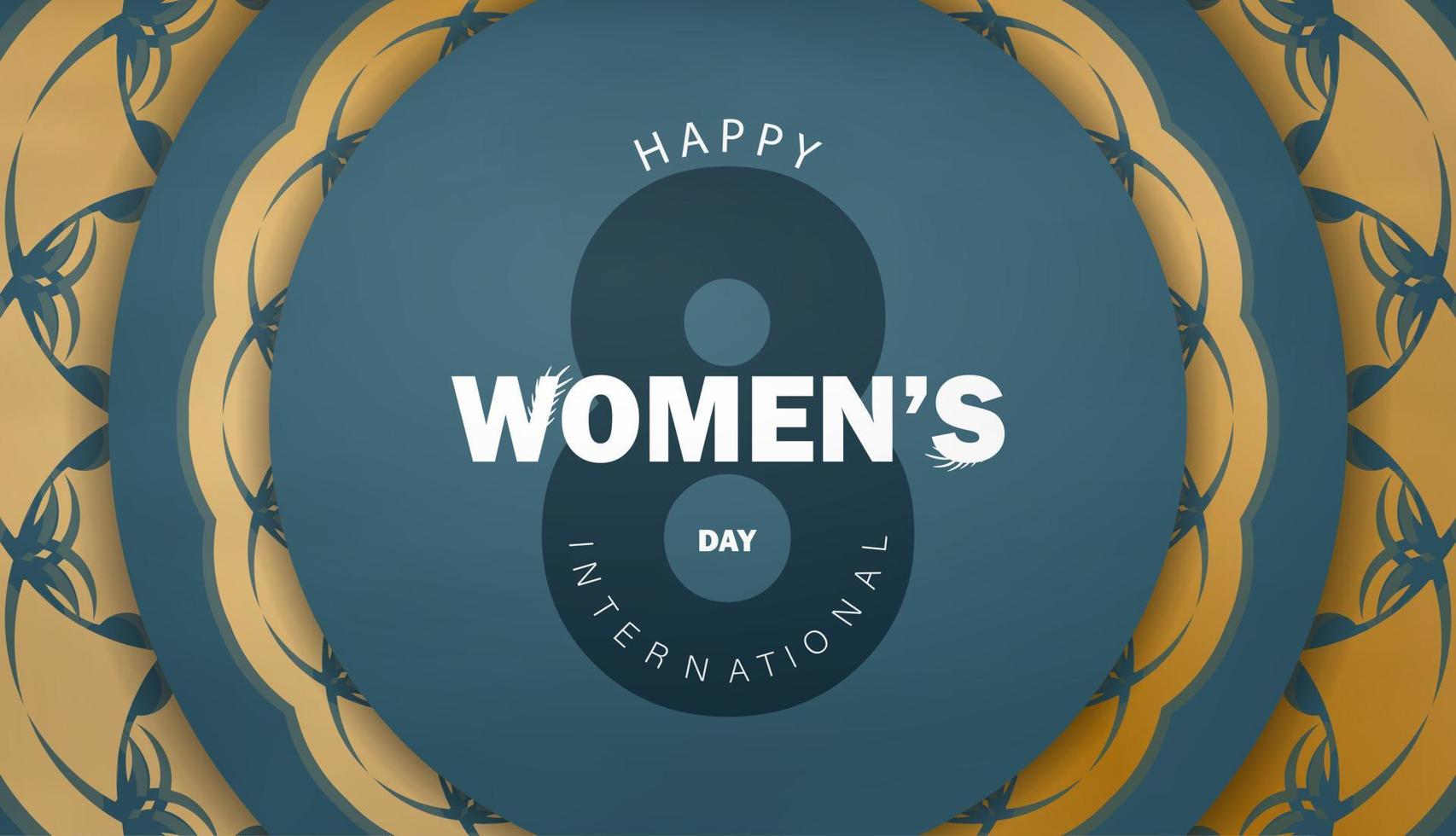 festlig broschyr internationell kvinnors dag i blå med årgång guld prydnad vektor