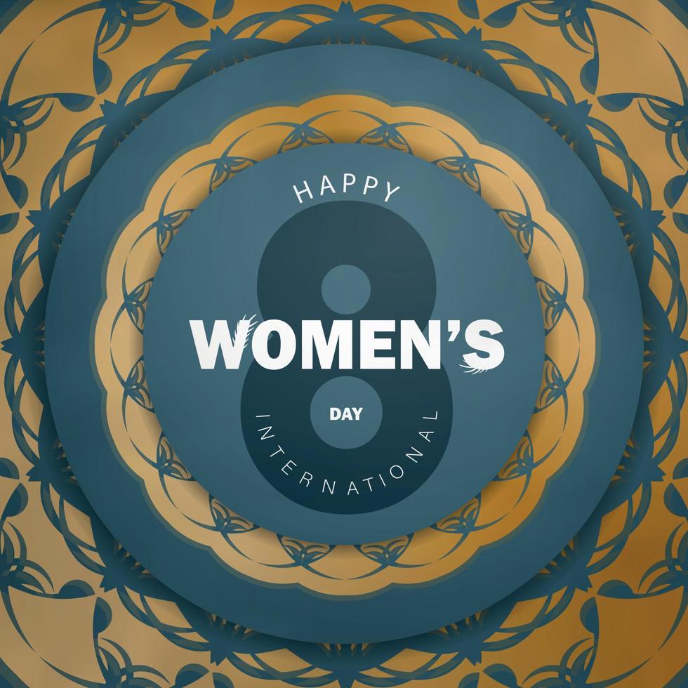 Semester kort 8 Mars internationell kvinnors dag i blå med abstrakt guld prydnad vektor