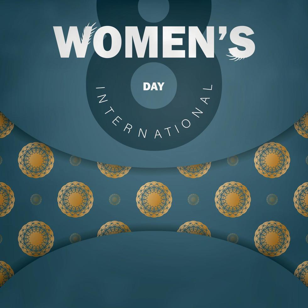 Semester kort internationell kvinnor dag i blå med vinter- guld mönster vektor